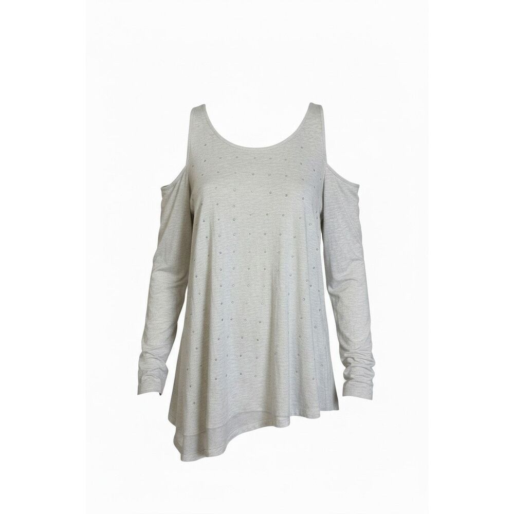 DKNY Jeans NWOT Studded Cold Shoulder Long Sleeve Asymmetric Top Cream Size XL